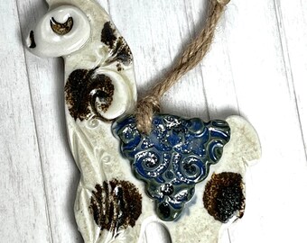 Beautiful Pottery Llama Alpaca Ornament ivory blue by Sweetpea Cottage Free shipping