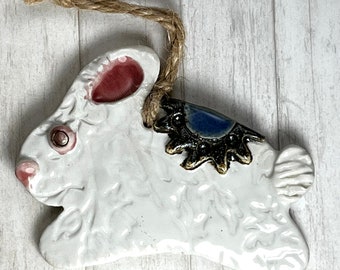 Beautiful Pottery Bunny Rabbit Ornament white blue pink by Sweetpea Cottage Free shipping
