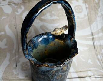 Sweet Birds Nest Tea Bag Basket by Sweetpea Cottage Pottery cream, blue, Artist signed