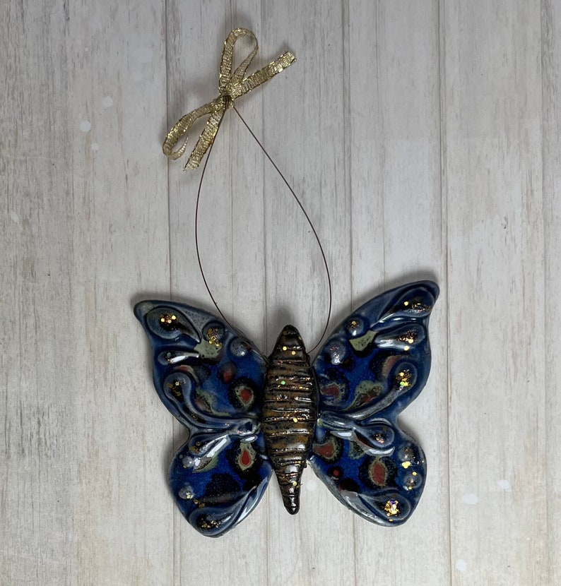 Butterfly Pottery Ornament Blue Brown Burgandy by Sweetpea Cottage Free shipping image 2