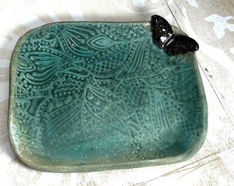 Butterfly, Soap dish, Matt turquoise, trinket dish, jewelry tray by Sweetpea Cottage Pottery free shipping