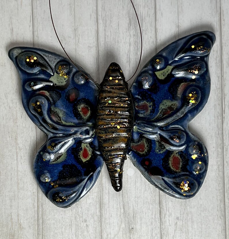 Butterfly Pottery Ornament Blue Brown Burgandy by Sweetpea Cottage Free shipping image 1