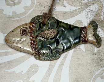 Beautiful Pottery Fish Ornament green beige cream by Sweetpea Cottage Free shipping