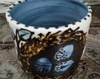 Sweet Birds Nest Tea Bowl by Sweetpea Cottage Pottery cream, brown, blue use hot or cold, free shipping