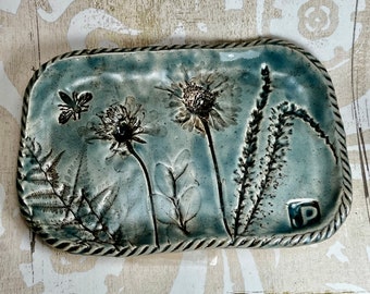 Bee and Flowers Soap dish, trinket dish, jewelry tray by Sweetpea Cottage Pottery free shipping