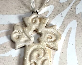 Beautiful Small Cross Pottery Ornament by Sweetpea Cottage Free shipping