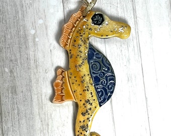 Beautiful Pottery Seahorse Ornament yellow blue pink by Sweetpea Cottage Free shipping