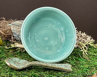 Aqua Blue Pottery Bowl with spoon, Dip, Spice, Condiment, Tapas Handmade by Sweetpea Cottage Pottery Free shipping