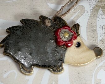 Cute Hedgehog Pottery Ornament Olive Brown Red Flower by Sweetpea Cottage Free shipping