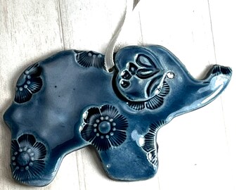 Beautiful Pottery Elephant Ornament blue by Sweetpea Cottage Free shipping