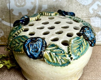 Ivory and Blue Bliss Flower Frog from SweetpeaCottagePottery.com - FREE SHIPPING