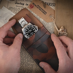 Handmade Leather Camo Watch Pouch | Camouflage Watch Holder with Soft Interior | Rugged & Stylish Watch Storage Solution for Men