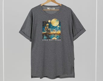 Unisex Baumwolle T-Shirt mit Kunstdruck, Road Trip Wandkunst - Long Way Home | Hochwertiges Baumwoll-T-Shirt mit Reise-Bedeutungsvolle Malerei