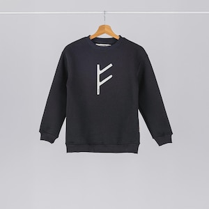 Black Kids Sweatshirt – Elder Futhark Viking Runes | Fehu, Uruz, Thurisaz, Ansuz, Raidho, Kennaz, Gebo, Wunjo | Organic Cotton | Eco Inks |
