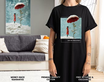 Jersey-T-Shirt-Kleid mit Blumendruck, inspirierendes Stretch-Baumwollkleid mit Rosen-Kunstdruck und Taschen, kreatives Geschenk - Rette mich vor mir selbst