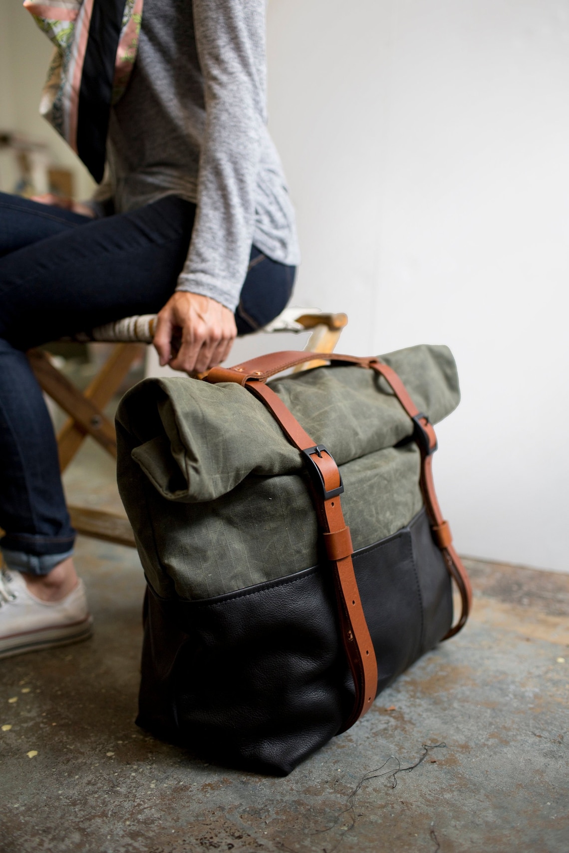 Leather and Waxed Canvas Weekender Bag Olive Canvas Black Etsy