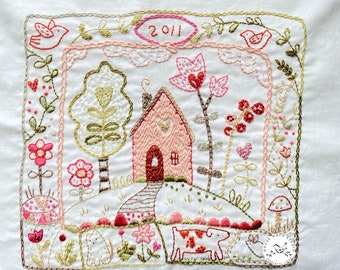 love-ly  stitchable embroidery sampler design printed on cotton