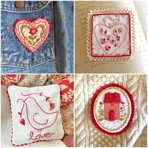 stitch + make valentines, embroidered hearts, cottage, bird, love, flowers