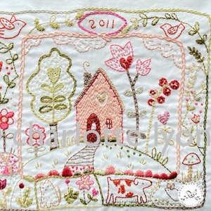 Stitchable Embroidery Sampler: House, Hearts, Flowers on Cotton