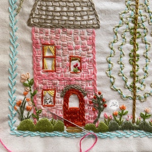 The Pink House embroidery sampler on a cotton panel to stitch