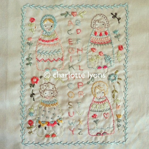 embroidered dolls or sampler on LINEN colored cotton fabric Etsy