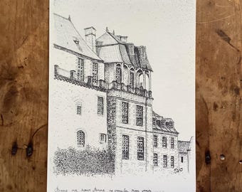 May include: Black and white pen and ink drawing of a European-style building with multiple stories, windows, and a detailed roof. The artwork includes text at the bottom. The drawing is on a white paper.
