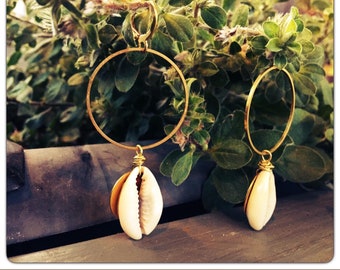 Small Simple Hoop Earrings, black owned jewelry, sculptural hoop, cowrie shell, ER111, black owned business, Gift For Her