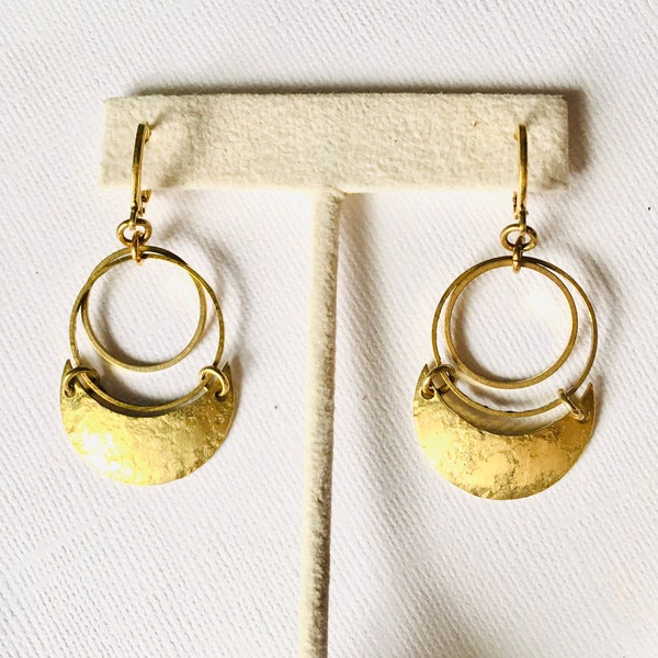 Hammered Brass Crescent Moon Earrings, Dangle Drop Style