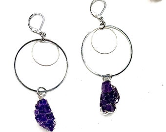 Amethyst Hoop Earrings, Silver hoop Earrings, black owned, Amethyst Crystal earrings, Bohemian, Oversized Crystal hoops, steel, Anna