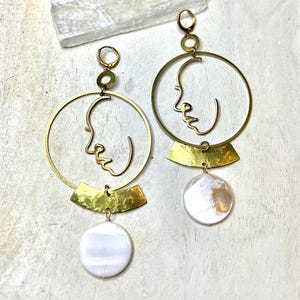 Large Gold Hoops, black owned shop, white pearl hoops, Gold Face Earrings, boho chic hoops, black woman owned jewelry shop, mother of pearl