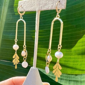 Mother of Pearl Drop Earrings: Gold Hoop, Minimalist Dangle