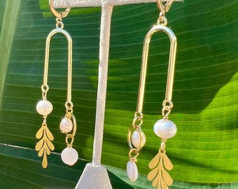 Mother of Pearl Drop Earrings: Gold Hoop, Minimalist Dangle