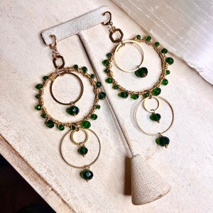 Beaded Hoops Earrings, Boho Hoops, emerald and gold, Akiyah earrings, feast day earrings, gold hoops, boho chic earrings, Zabiyah Akiyah 5” long