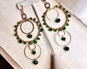 Beaded Hoops Earrings, Boho Hoops, emerald and gold, Akiyah earrings, feast day earrings, gold hoops, boho chic earrings, Zabiyah