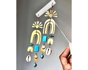 Selah Turquoise Earrings, brass geometric earrings, boho style, black owned jewelry, Bohemian earrings, Minimalist