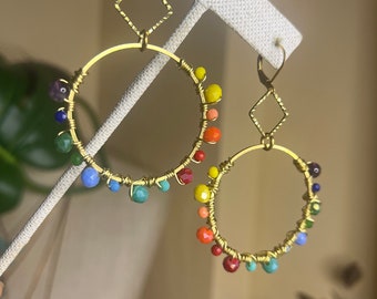 Rainbow Beaded Hoops Earrings, Chunky Gold Hoops, Rainbow stone Earrings, colorful hoops, Covenant earrings, beaded hoops, small