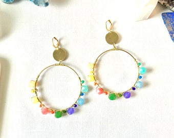 Rainbow Beaded Hoops Earrings,  Rainbow stone Earrings, colorful hoop earrings, Covenant earrings, gold hoops, oversized hoop