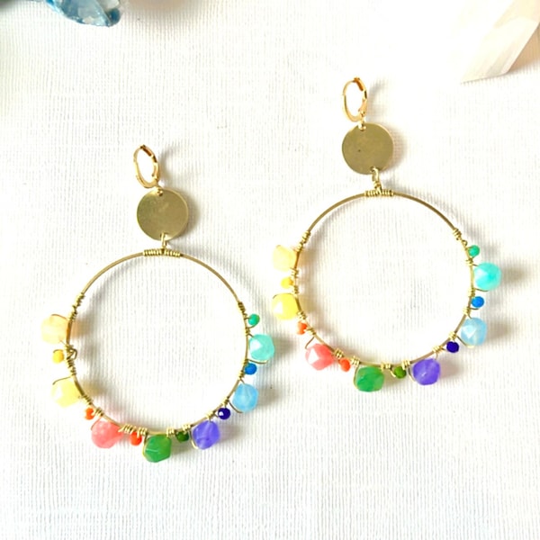 Rainbow Beaded Hoops Earrings,  Rainbow stone Earrings, colorful hoop earrings, Covenant earrings, gold hoops, oversized hoop