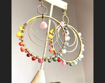 Rainbow Hoops Earrings, Rainbow Gemstone Hoops, the best rainbow earrings, Covenant earrings, gold hoops, oversized hoop