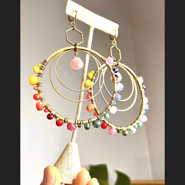 Rainbow Hoops Earrings, Rainbow Gemstone Hoops, the best rainbow earrings, Covenant earrings, gold hoops, oversized hoop