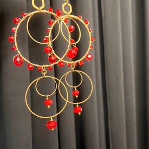 Beaded Hoops Earrings, Boho Hoops, emerald and gold, Akiyah earrings, feast day earrings, gold hoops, boho chic earrings, Zabiyah Akiyah in Red