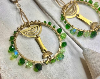 Beaded Hoops Earrings, Boho Hoops, emerald and gold, Susanna Feast Day  earrings, feast day earrings, gold hoops, menorah
