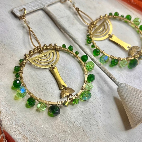 Beaded Hoops Earrings, Boho Hoops, emerald and gold, Susanna Feast Day  earrings, feast day earrings, gold hoops, menorah