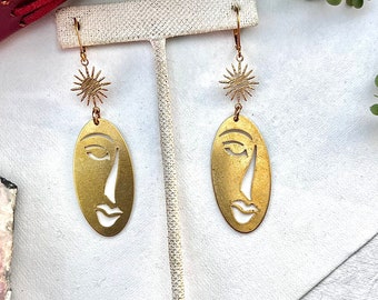 Avant Garde face earrings, Face Dangle Earrings, brass Earrings, solid brass, face jewelry