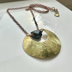 Black Tourmaline Brass Crescent Moon Necklace: Geometric Statement Jewelry