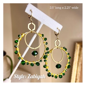 Beaded Hoops Earrings, Boho Hoops, emerald and gold, Akiyah earrings, feast day earrings, gold hoops, boho chic earrings, Zabiyah Zabiyah 3” long