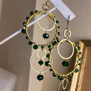 Beaded Hoops Earrings, Boho Hoops, emerald and gold, Akiyah earrings, feast day earrings, gold hoops, boho chic earrings, Zabiyah image 5