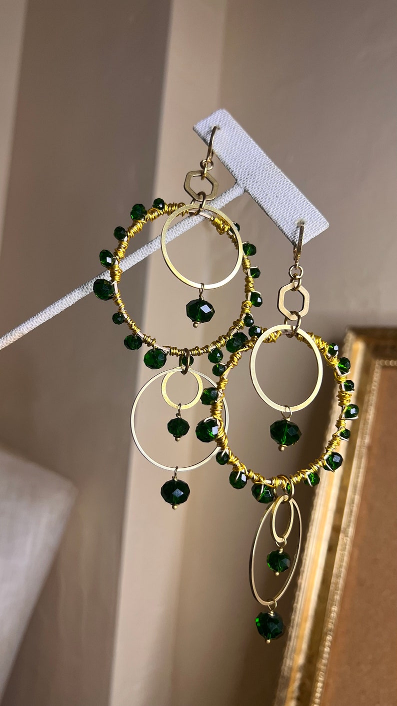 Beaded Hoops Earrings, Boho Hoops, emerald and gold, Akiyah earrings, feast day earrings, gold hoops, boho chic earrings, Zabiyah image 5