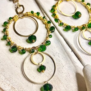 Beaded Hoops Earrings, Boho Hoops, emerald and gold, Akiyah earrings, feast day earrings, gold hoops, boho chic earrings, Zabiyah image 6