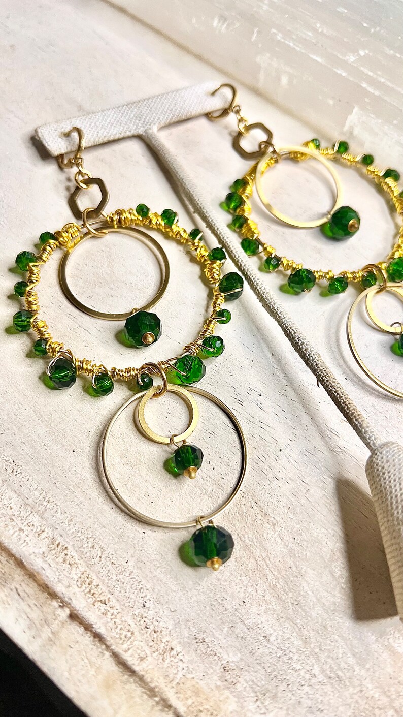 Beaded Hoops Earrings, Boho Hoops, emerald and gold, Akiyah earrings, feast day earrings, gold hoops, boho chic earrings, Zabiyah image 6